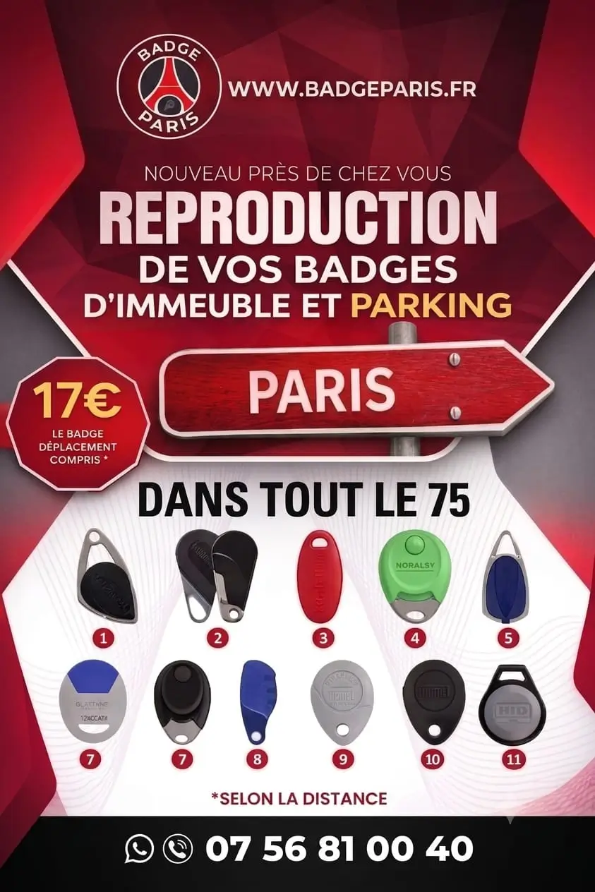 Pass et badges d'immeuble reproduits à Paris 75