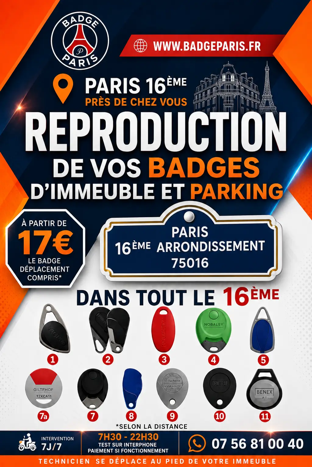 Flyer copie badge immeuble et double badge Vigik Paris 16e 75016